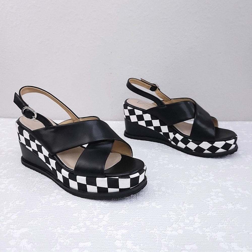Black Check-Pattern Wedge Sandals *FIT SMALL* - Picture 2 of 12